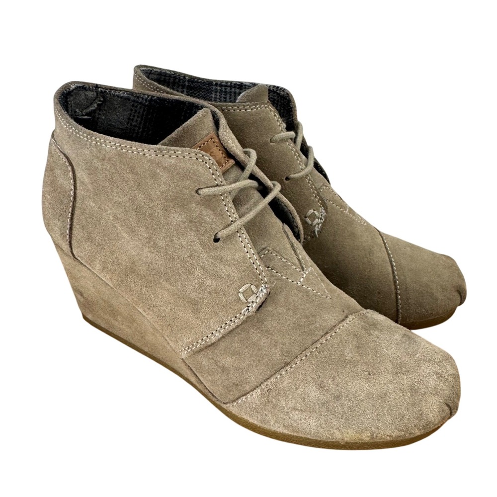 TOMS Women's Desert Wedge Booties Suede Lace Up Ankle Boots Taupe Size W8.5